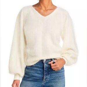Paige Opaline 100% Cashmere Fuzzy V-neck Sweater Preppy Holiday White Ivory Sz M
